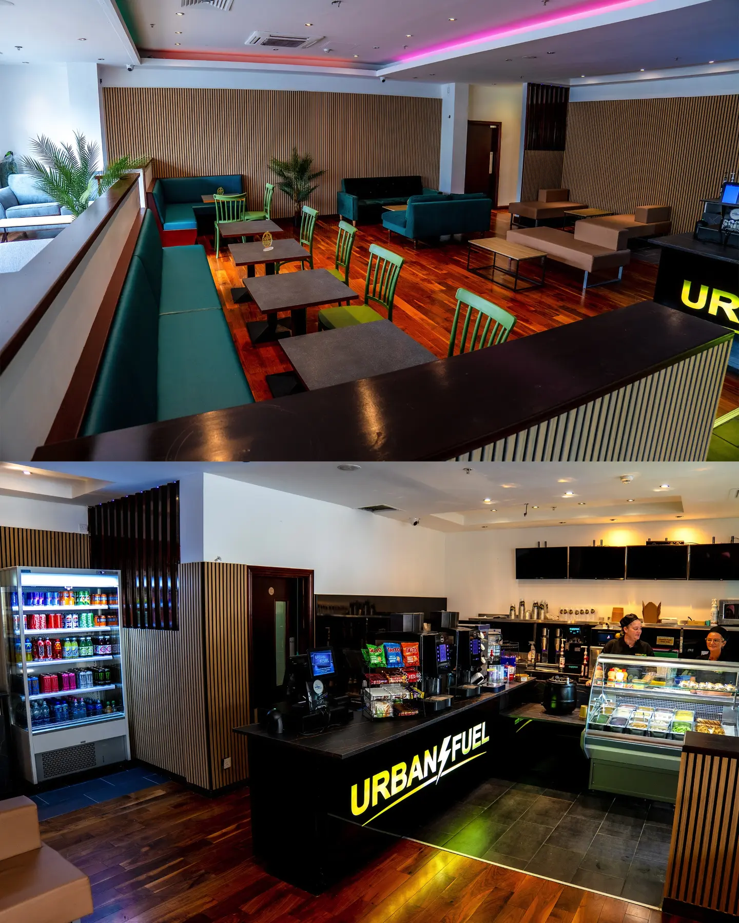 Seating and service counter inside Urban Fuel at Quayside